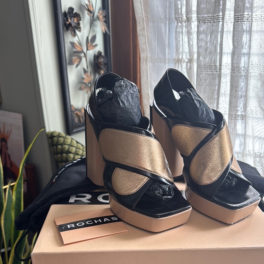 Rochas Black and Gold Platform Shoes